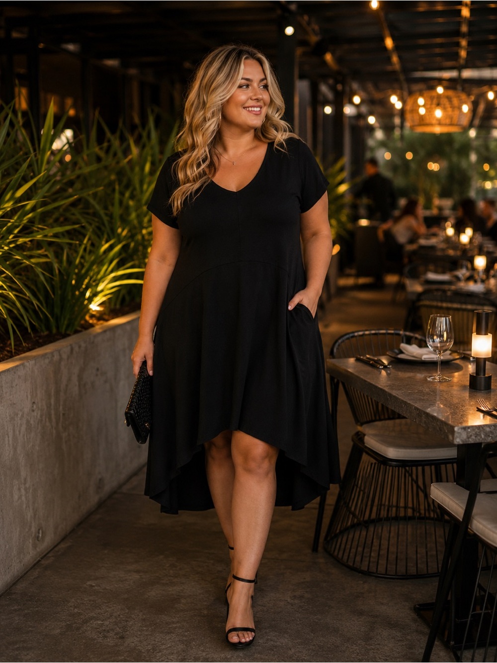 Flowing black High-Low Short Sleeve Dress for Women